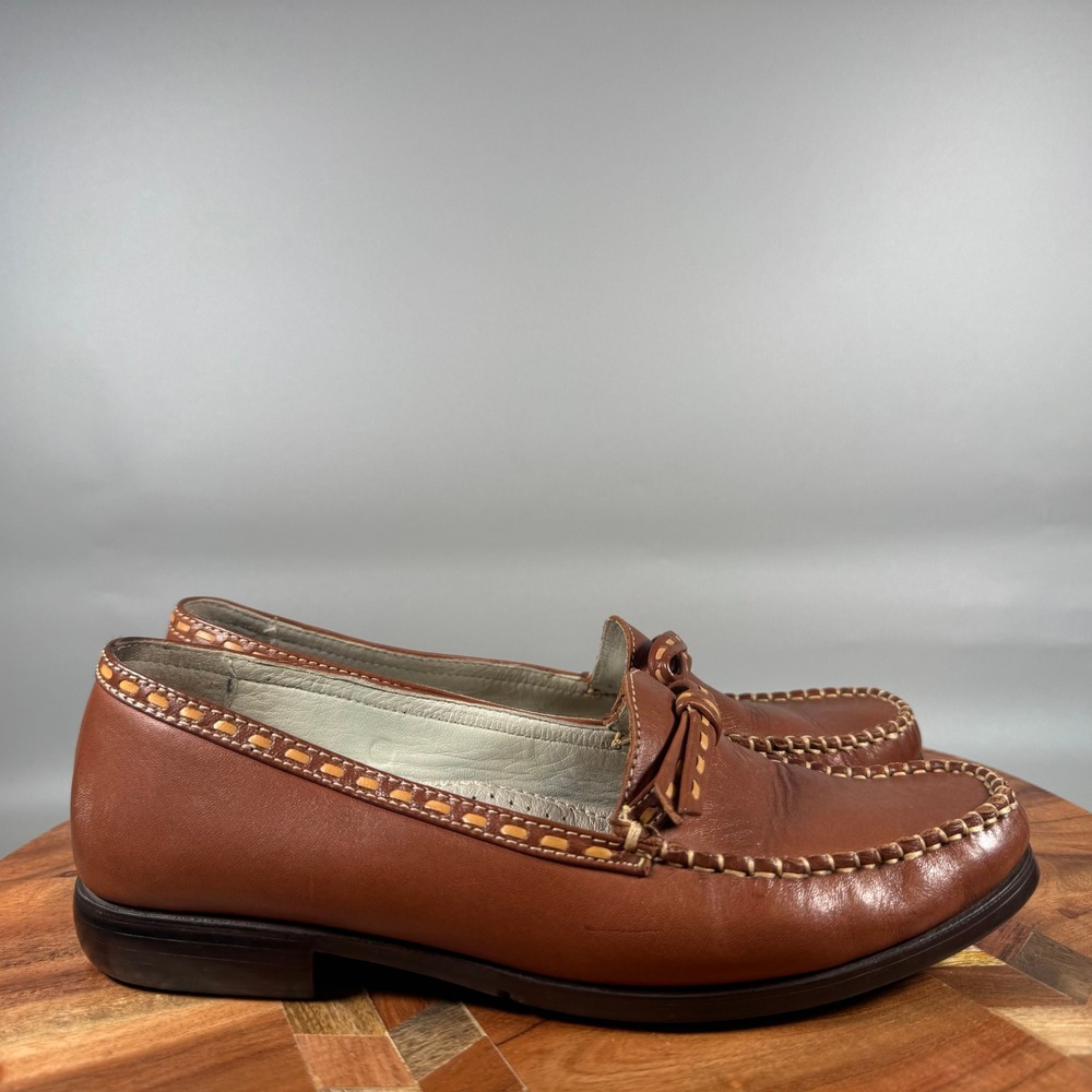 Bass Romana Brown Leather Whipstitch Bow Loafers Shoes Womens 8.5M Brazil